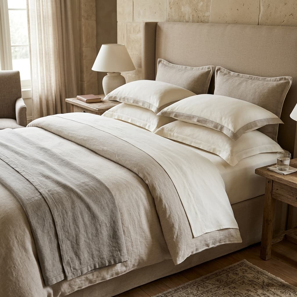 Perfectly dressed luxury bed linen — warm ivory and stone tones